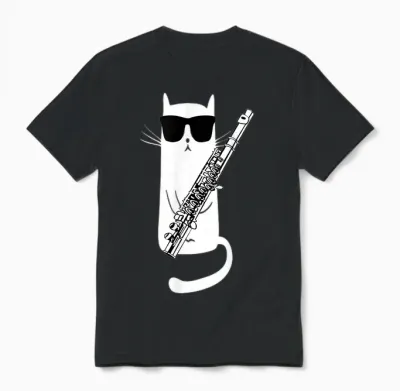 Funny Cat Wearing Sunglasses Playing Flute T-Shirt Small Unisex T-Shirt - Black