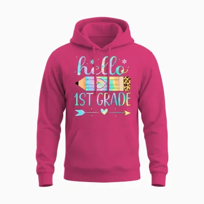 Tie Dye 1st Grade Back to School Hello First Grade Teacher T-Shirt for Men Women Kids Unisex Hoodie - Heliconia