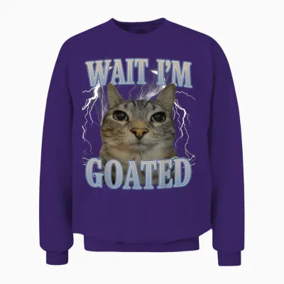 Wait I'm Goated Cat Silly Funny Cat Meme Men Women Graphic Unisex Sweatshirt - Purple