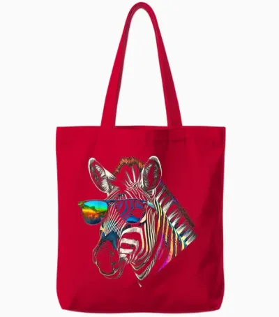 Zebra Sunglasses Artwork | Animal Colourful Zebra T-Shirt, Black Tote Bags - Red