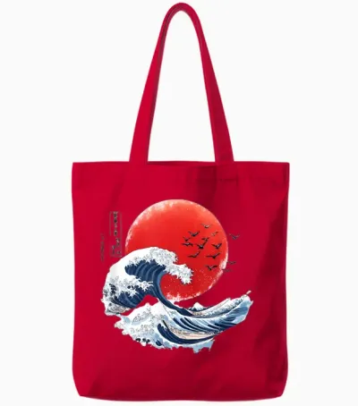 Hokusai Big Wave Japanese Man Woman Kanagawa T-Shirt, Black, S Tote Bags - Red