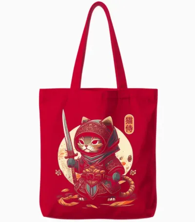 Japanese Samurai Cat Tattoo Kawaii Ninja Cat Tote Bags - Red