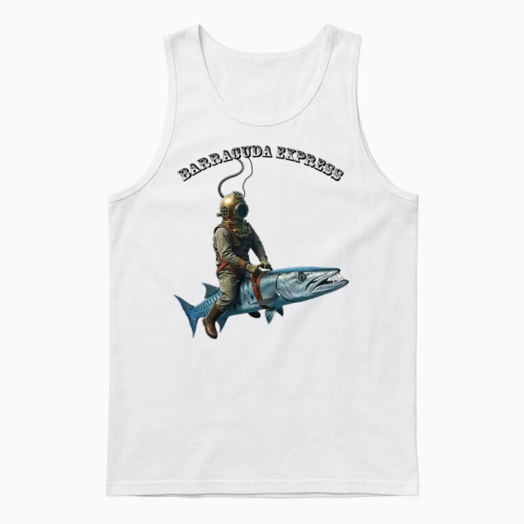Vintage Helmet Diver Riding a Barracuda Fish Urm Unisex Tank Top in White