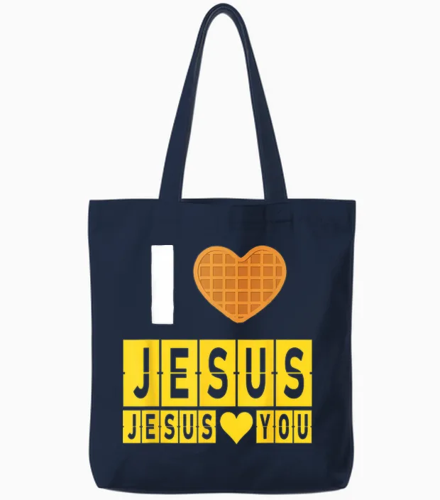 I Love Jesus Waffle Heart Jesus Loves You Funny Breakfast Tote Bags in Navy