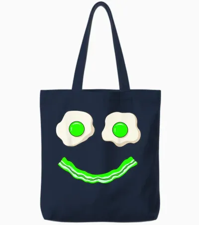 Green Smile Face Eggs and Bacon Ham Breakfast St Patrick's Tote Bags - Navy