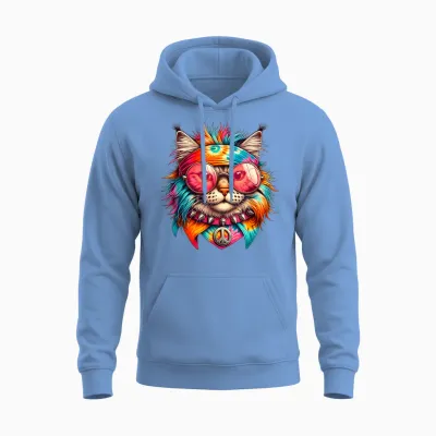 Psychedelic Cat Peace Colorful Hippie Retro Groovy Vibes T-Shirt, Black, S Unisex Hoodie - Carolina Blue