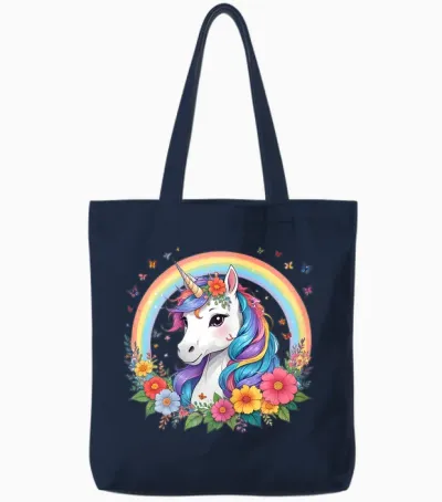 Cute Unicorn Girl with Rainbow Unicorn Tote Bags - Navy