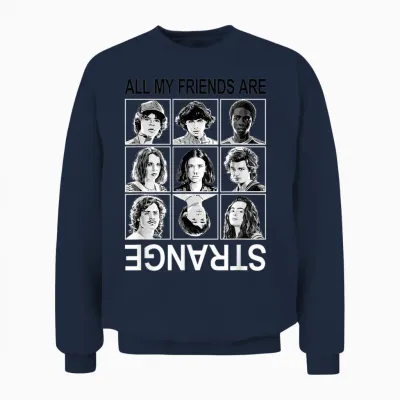 Stranger Things All My Friends Are Strange Group Shot Panels Unisex Sweatshirt - Navy