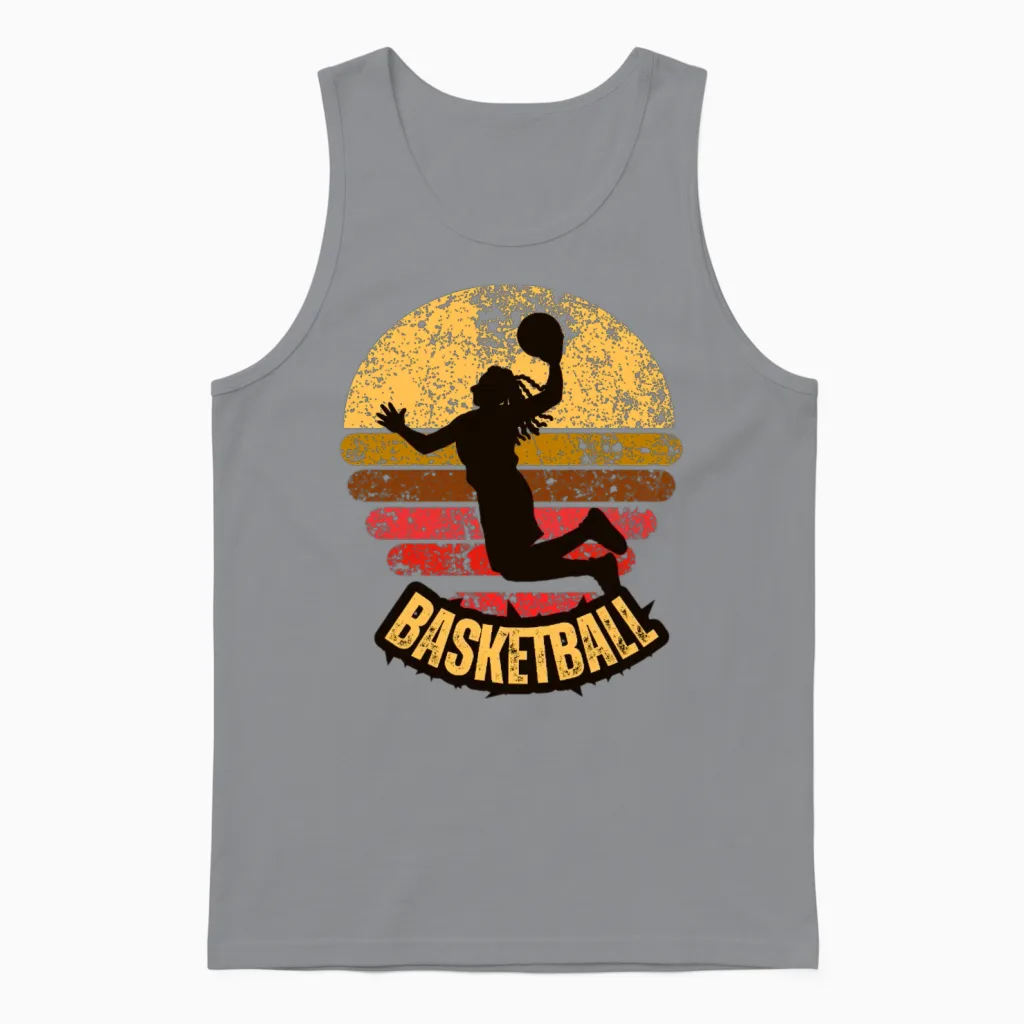 Yellow Red Vintage Retro Basketball Unisex Tank Top in Sport Grey