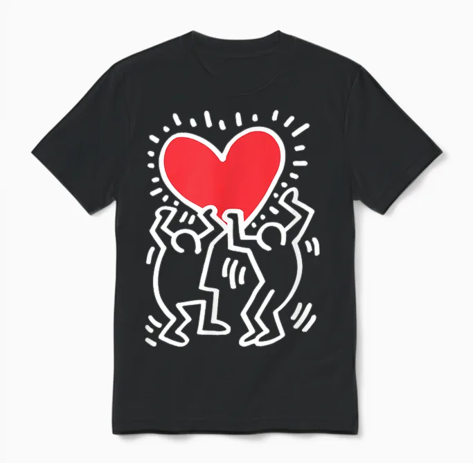 Keith Haring Dancing Heart Artwork T-Shirt, Black Unisex T-Shirt in Black
