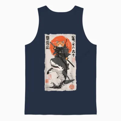 Epic Ninja Cat Riding Shark Funny Japanese Ukiyo-E Art Unisex Tank Top - Navy