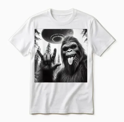 Funny Sasquatch Bigfoot Rock on Selfie with Ufo Alien Unisex T-Shirt - White