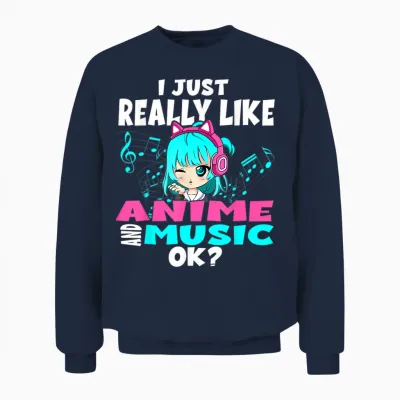 Anime and Music Kawaii Chibi Graphic Teen Anime Girl Unisex Sweatshirt - Navy