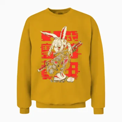 Anime Manga Cyberpunk Aesthetic Techwear Harajuku Bunny Girl T-Shirt, Black Unisex Sweatshirt - Gold