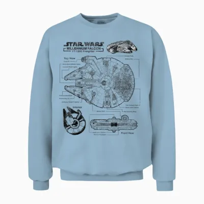Star Wars Millennium Falcon T-Shirt with Detailed Schematics T-Shirt, Gray, S Unisex Sweatshirt - Light Blue