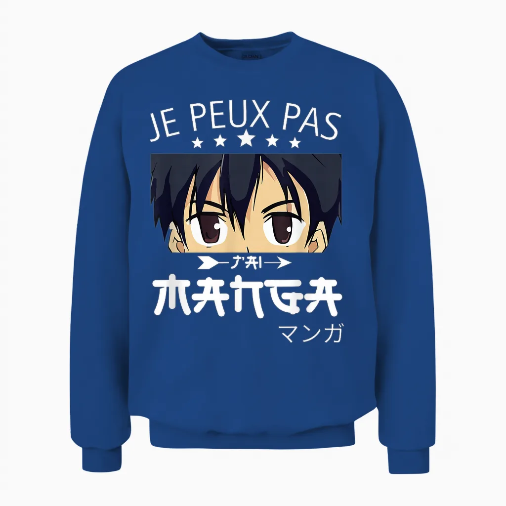 Je Peux Pas Jai Manga-Anime Humor Funny Manga T-Shirt, Black, S Unisex Sweatshirt in Royal