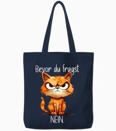 Funny Cat with Cheeky Saying "bevor Du Fragst No" Long-Sleeved Shirt, Black Tote Bags - Navy
