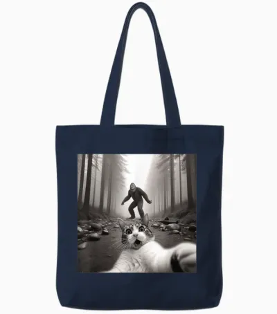 Funny Surprised Scared Cat Selfie with Sasquatsch Bigfoot Tote Bags - Navy