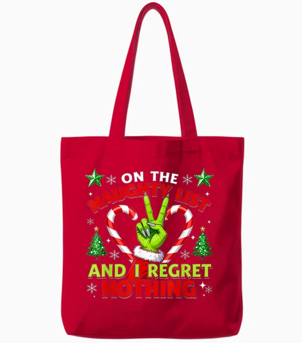 Naughty List Regret Nothing Christmas Funny Trending Xmas Tote Bags in Red