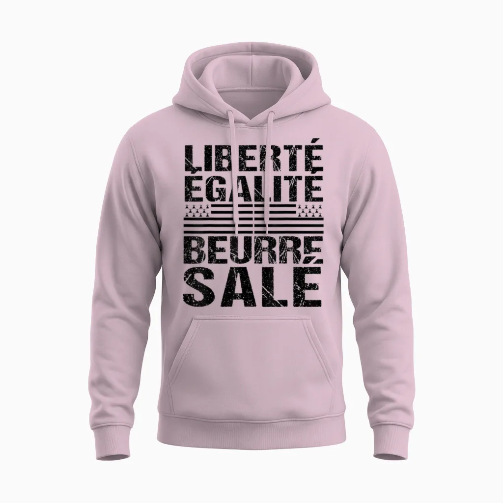 Freedom Equality Salted Butter Humour Breton Gift Brittany Unisex Hoodie in Light Pink