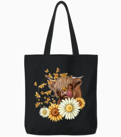 Highland Cow with Sunflower Daisies Butterflies Farm Western Tote Bags - Black