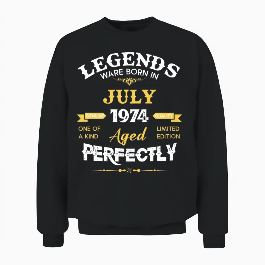 Vintage Aged to Perfection July 1974 Unisex Sweatshirt in Black