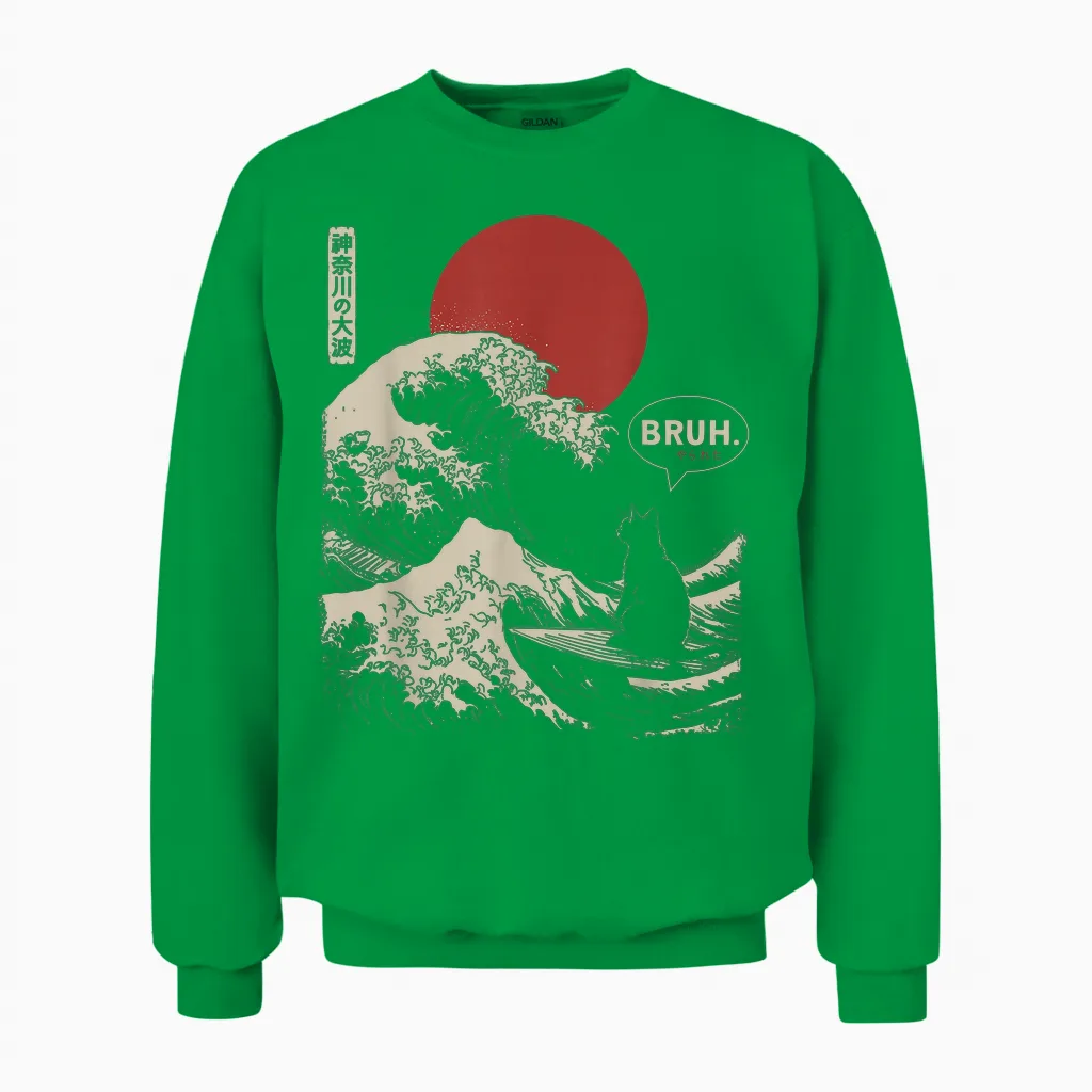 Bruh. the Great Wave Kanagawa Funny Japanese Surfing Cat Unisex Sweatshirt in Irish Green
