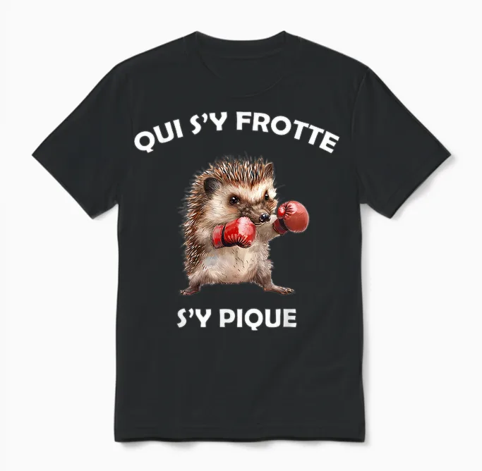 Hérisson Boxeur, Qui S'y Frotte S'y Pique - Humour Animal T-Shirt, Black, S Unisex T-Shirt in Black