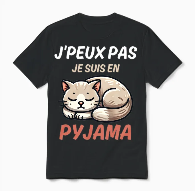 J'peux Pas Je Suis in Pyjamas Fun Gift with a Cat Long Sleeve, Black, S Unisex T-Shirt in Black