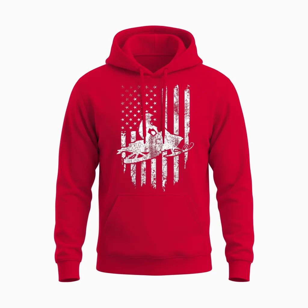 Vintage American Flag Snowmobiling Snowmobile Rider Unisex Hoodie in Red