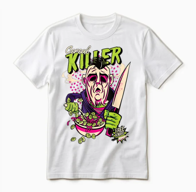 Müsli Killer Retro Horror Serienmörder Dark Humor Comic Unisex T-Shirt in White