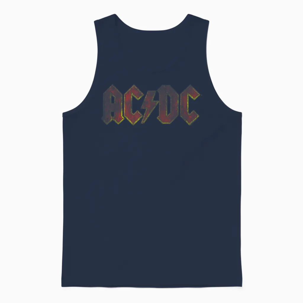 Official Ac/dc Distressed Red Logo Band Vintage Roll Unisex Tank Top in Navy