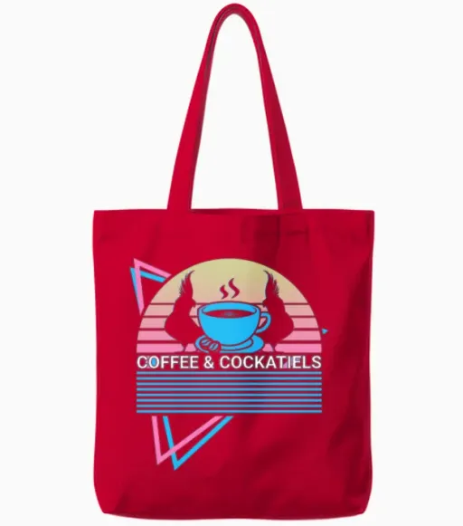 Coffee & Cockatiels Retro Tote Bags in Red