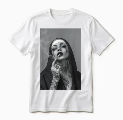 Tattooed Nun Smoking Cigarette Rebbel Christian Jesus Unisex T-Shirt - White