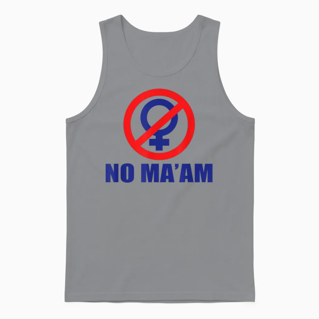 Classic No Maam Logo, 100% Accurate Front and Back T-Shirt, White Unisex Tank Top in Sport Grey