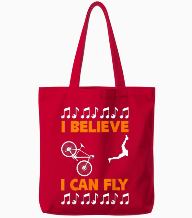 Bike & Accident | Funny Fall Bike | I Believe I Can Fly Tote Bags in Red