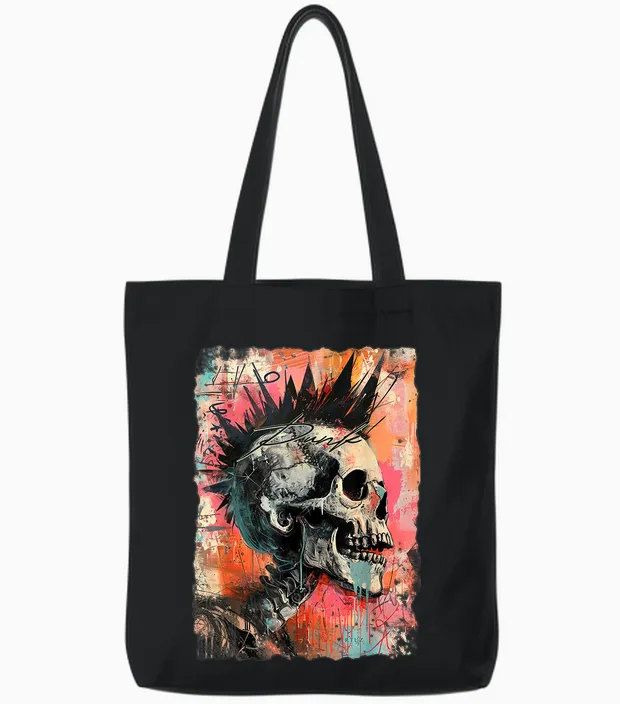 Vintage Graffiti Biker Rocker Skull Punk Horror Skull T-Shirt, Black Tote Bags in Black