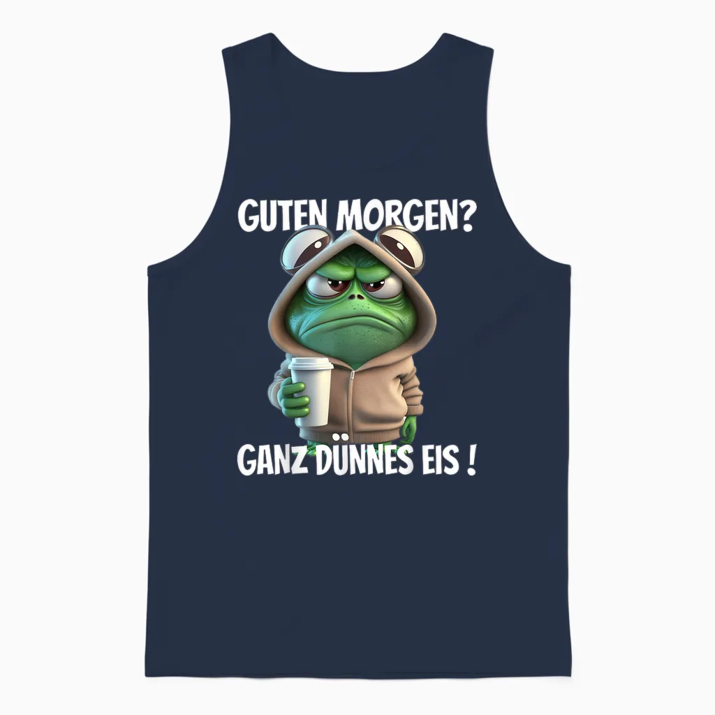 Funny T-Shirt with German Text "guten Morgen? Ganz Dünnes Eis!" Frog Motif, Black Unisex Tank Top in Navy