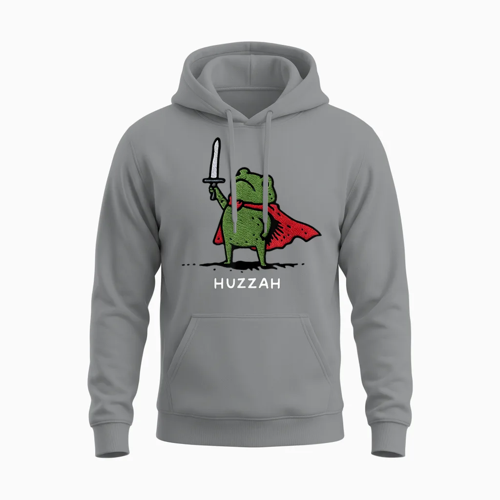 Huzzah Frog Knight Funny Sword Meme Quote Unisex Hoodie in Sport Grey