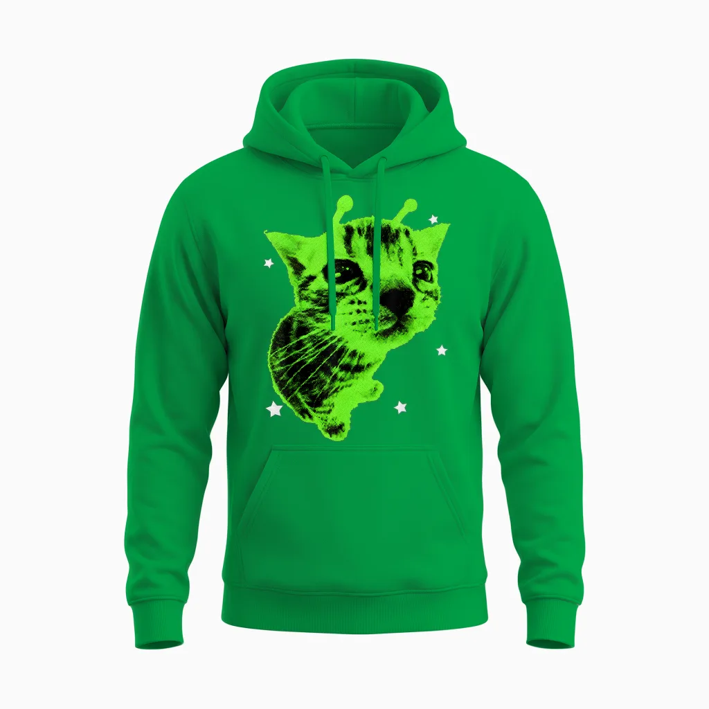 Y2k Alien Cat Meme Retro Silly Cat Vintage Space Kitty Funny Unisex Hoodie in Irish Green