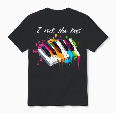 T-Shirt with "i Rock the Keys" Musician Keyboard Piano, Black Unisex T-Shirt - Black