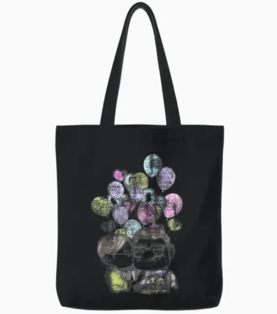 Portrait of Carl and Ellie with Heart Balloons Disney Pixar Up T-Shirt, White, S Tote Bags - Black
