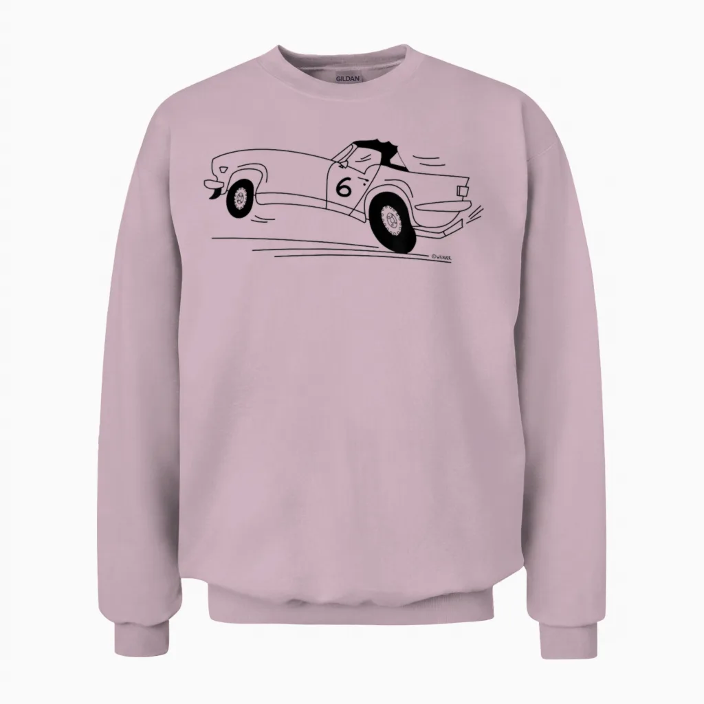 Cartoon Drawing Triumph Tr6 British Car T-Shirt, Blue, S Unisex Sweatshirt in Light Pink
