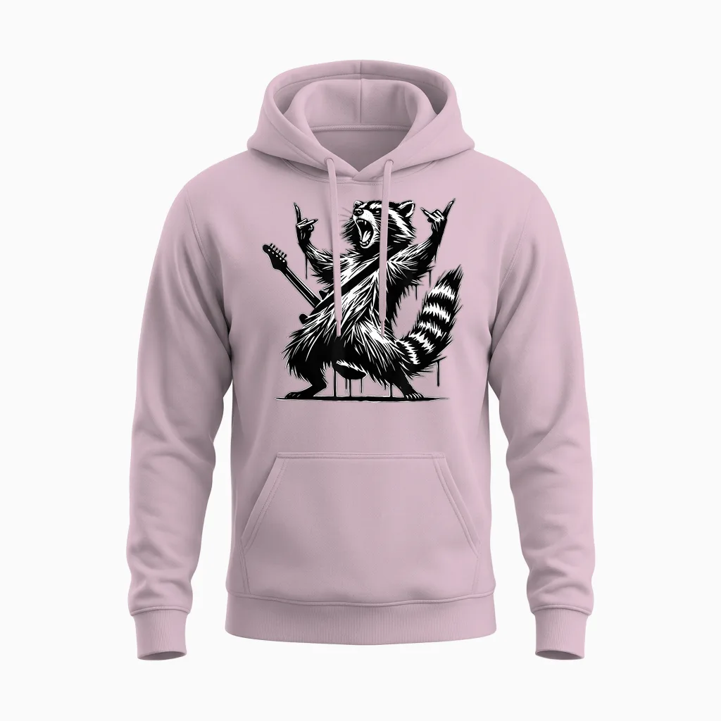 Raccoon Rock and Roll Rock&roll Raccoon Playing Guitar Rock & Roll Unisex Hoodie in Light Pink