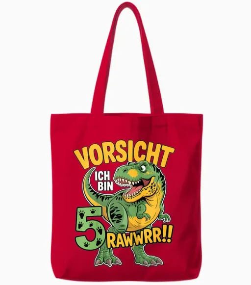 5th Birthday Dinosaur Gift 5 Years Kids T-Rex Dino Tote Bags - Red