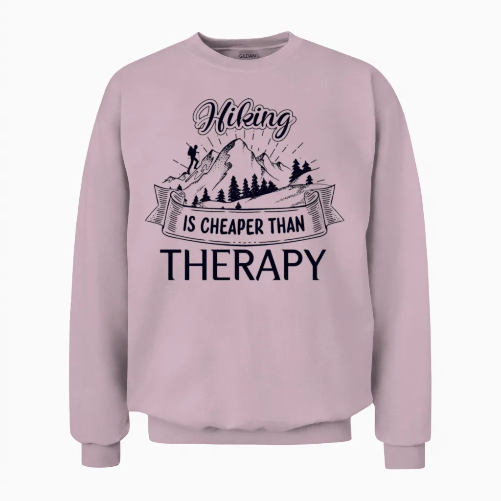 Hiking Is Cheaper Than Therapy, Hiking Unisex Sweatshirt in Light Pink