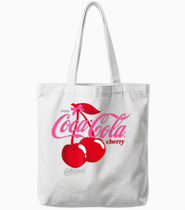 Enjoy Coca Cola Cherry Cola Outrageous! T-Shirt, Gray Tote Bags in White