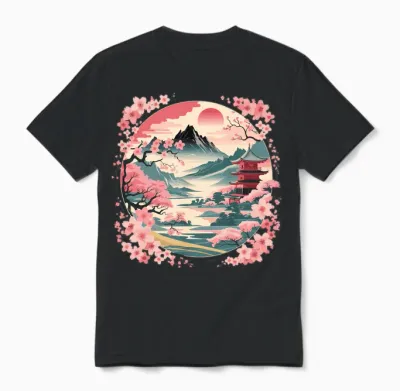 Vintage Japanese Cherry Blossom Flower Landscape Mountain Unisex T-Shirt - Black