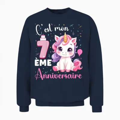 Enfant C'est Mon 7 ème Anniversaire Unicorn Birthday 7 Years T-Shirt, Black, 2 Unisex Sweatshirt - Navy