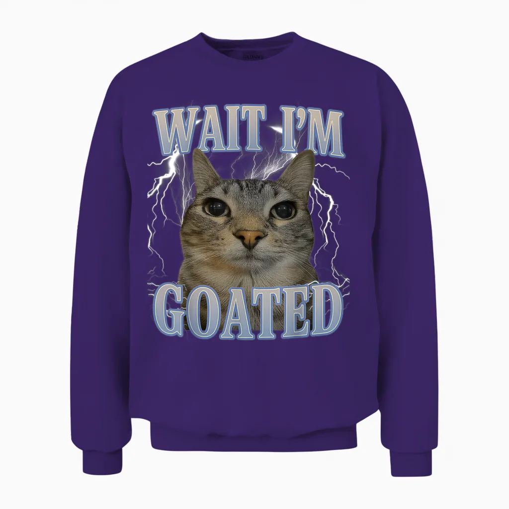 Wait I'm Goated Cat Silly Funny Cat Meme Men Women Graphic Unisex Sweatshirt in Purple